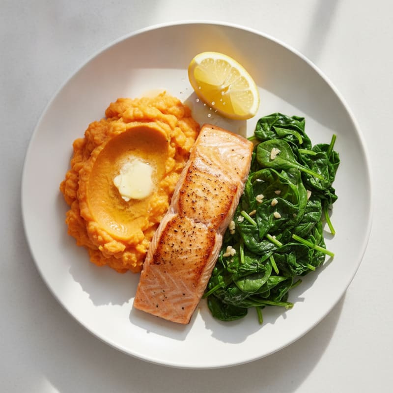 Pan-Seared Salmon with Garlic Sautéed Spinach and Sweet Potato Mash