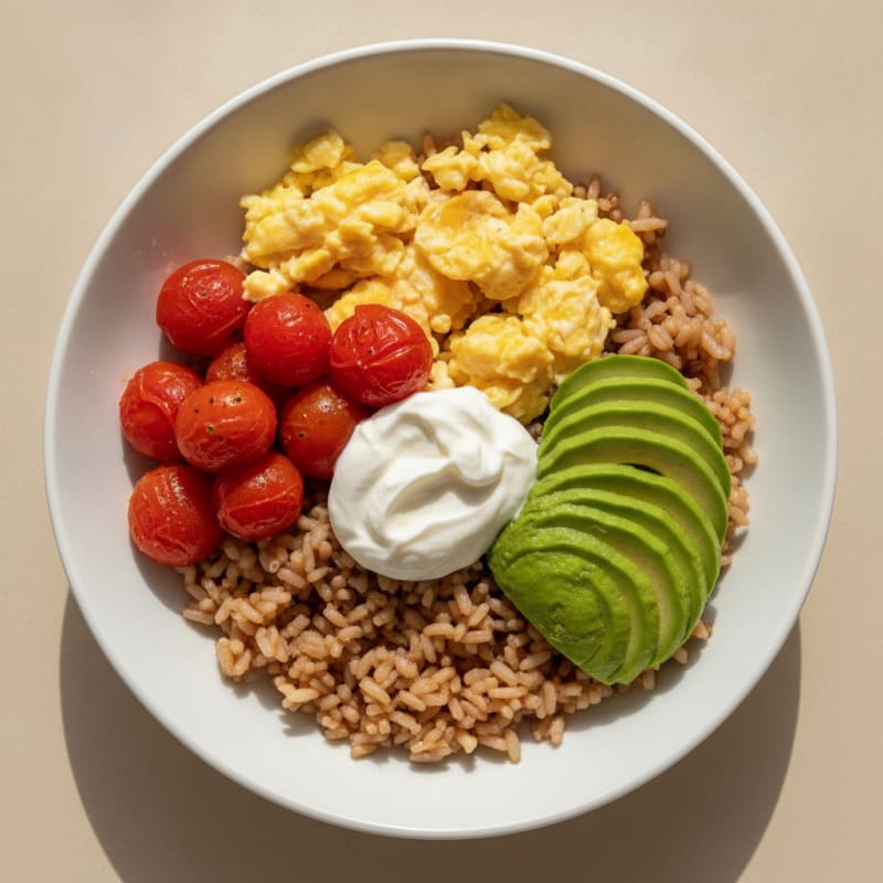Egg and Avocado Rice Bowl with Cherry Tomatoes