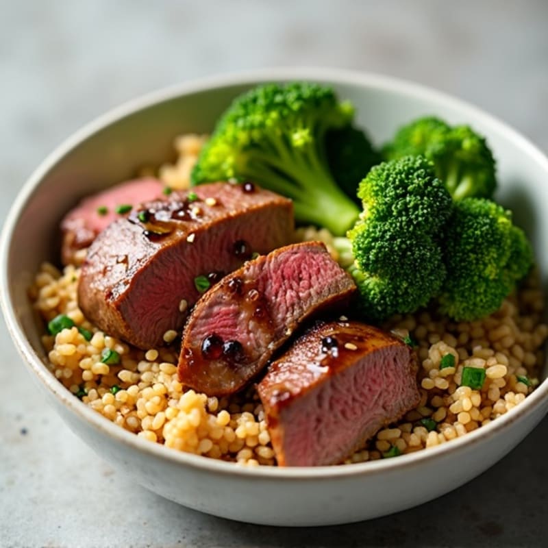 Garlic-Ginger Pan-Seared Beef and Crisp Broccoli Brown Rice Bowl