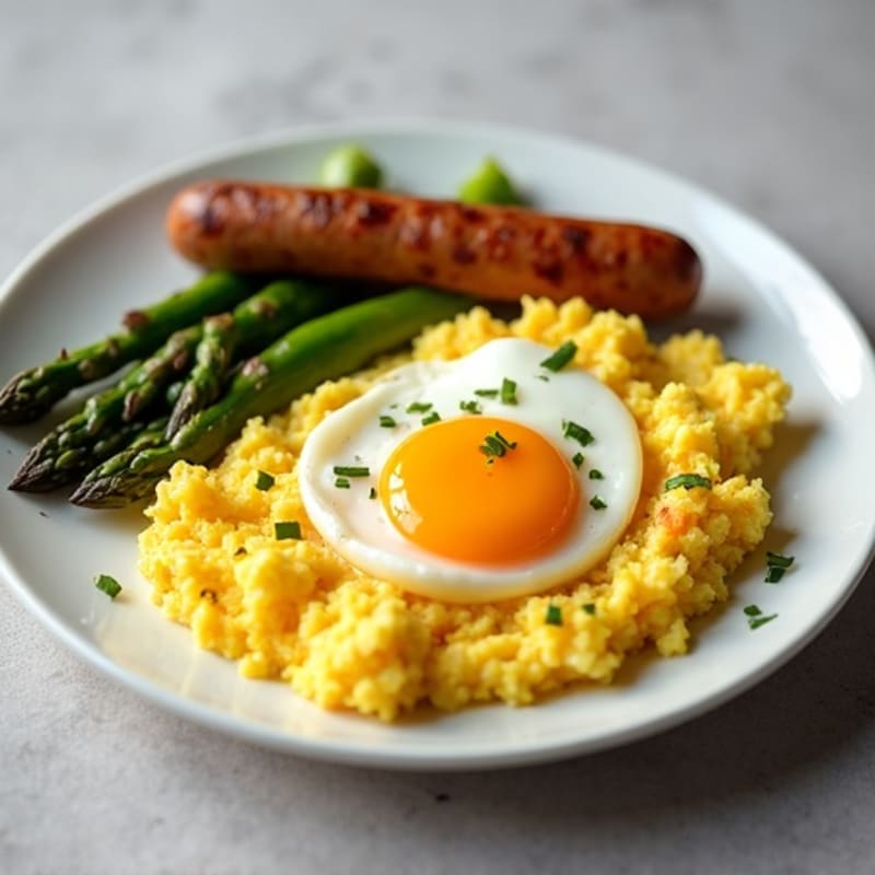 Lean Turkey Sausage and Fluffy Scrambled Eggs with Roasted Asparagus