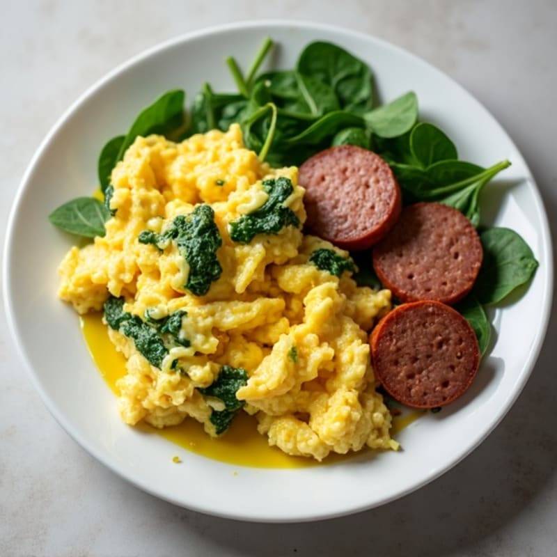 Silky Scrambled Eggs with Spinach and Turkey Sausage