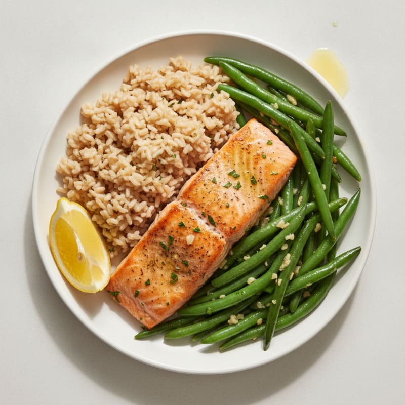 Seared Salmon with Garlic Green Beans and Brown Rice