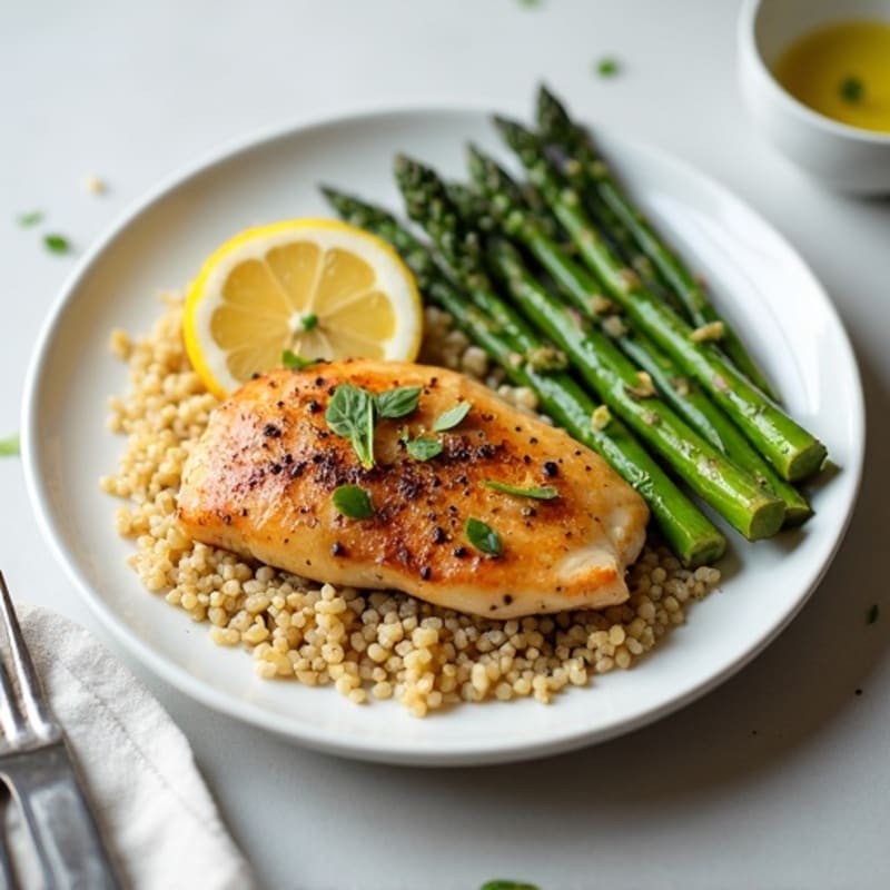 Lemon Garlic Pan-Seared Chicken with Roasted Asparagus and Quinoa