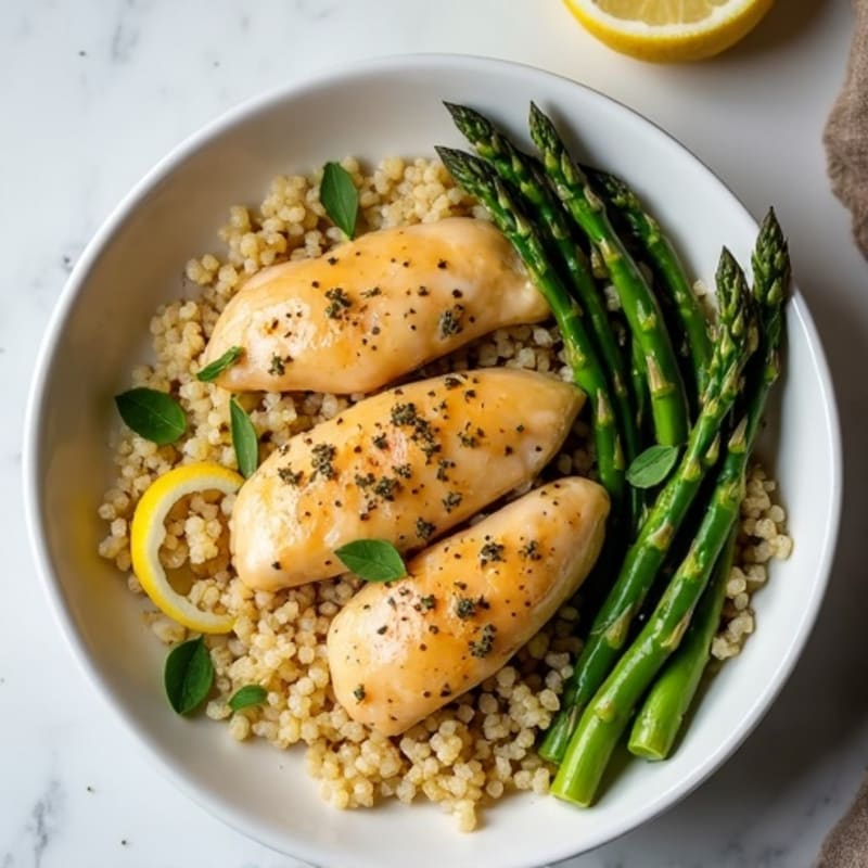 Fluffy Quinoa Bowl with Lemon-Herb Chicken and Roasted Asparagus