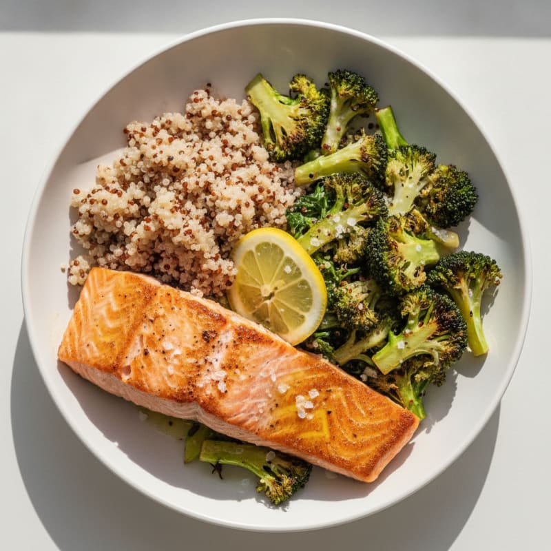 Seared Salmon with Roasted Broccoli and Quinoa