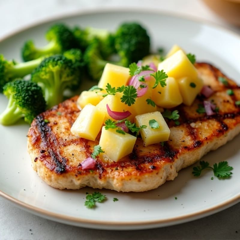 Grilled Turkey Chops with Steamed Broccoli and Pineapple Salsa