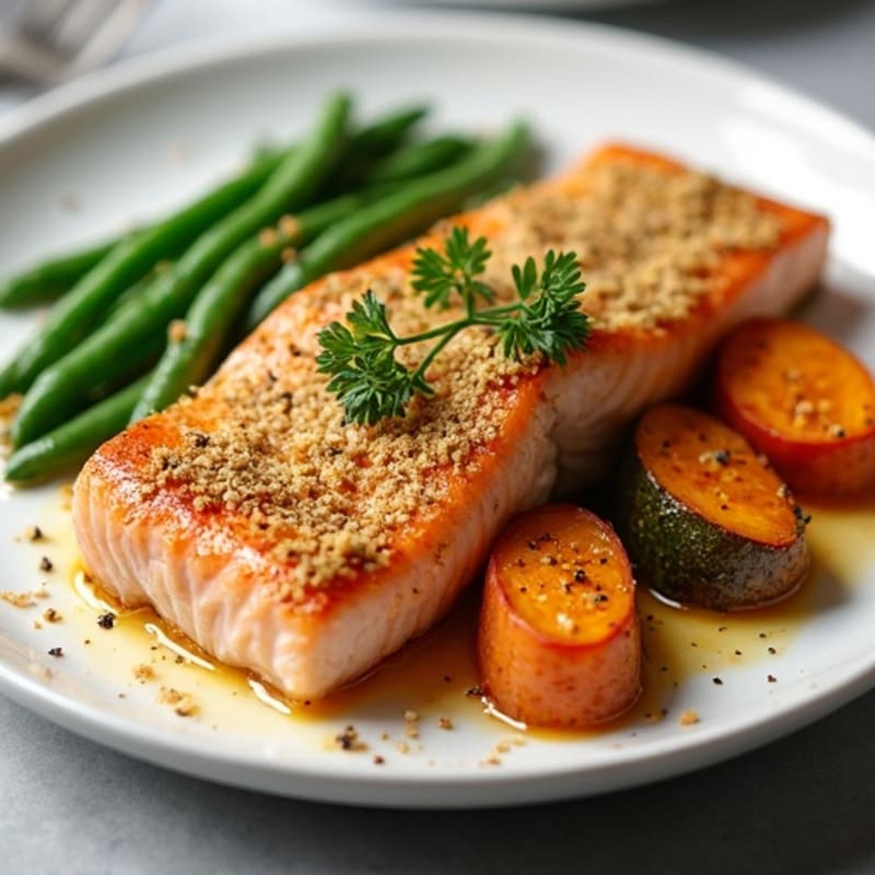 Herb-Crusted Baked Salmon with Roasted Sweet Potato and Green Beans