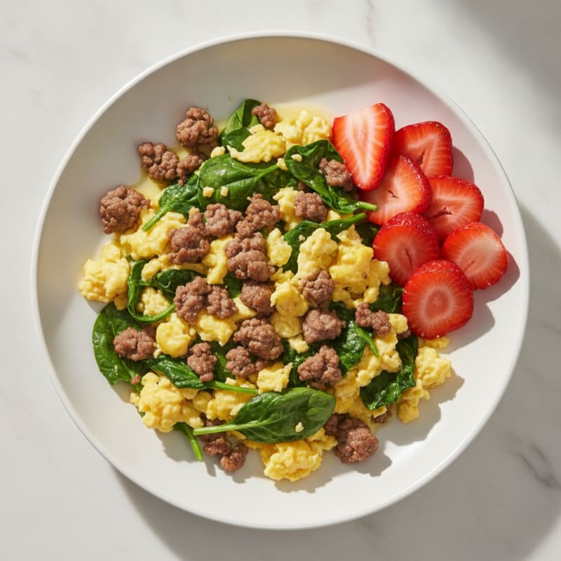 Scrambled Eggs with Spinach and Grass Fed Ground Beef