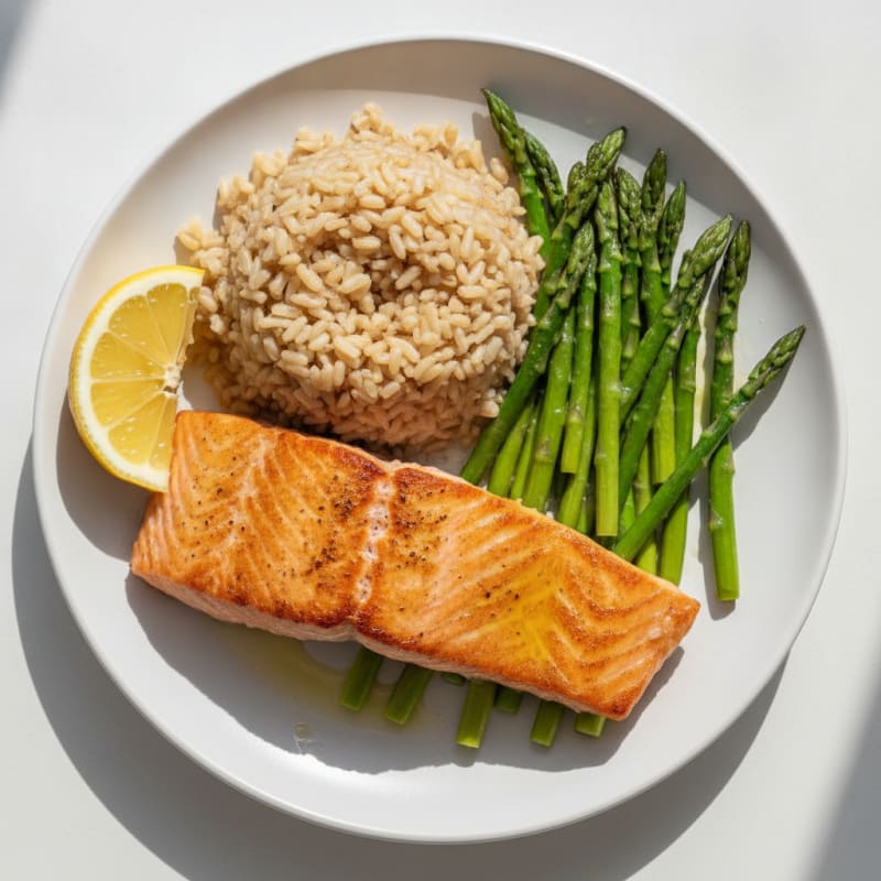 Seared Salmon Fillet with Steamed Asparagus and Brown Rice