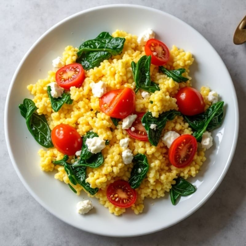 Fluffy Scrambled Eggs with Sautéed Spinach and Cherry Tomatoes