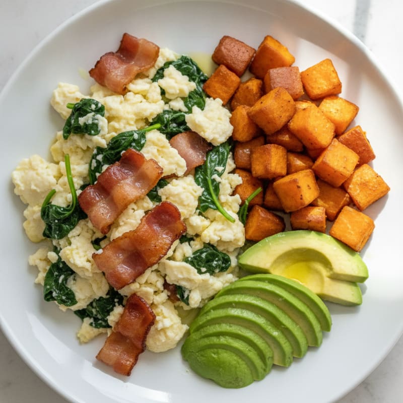 Crispy Turkey Bacon and Egg White Scramble with Sautéed Spinach