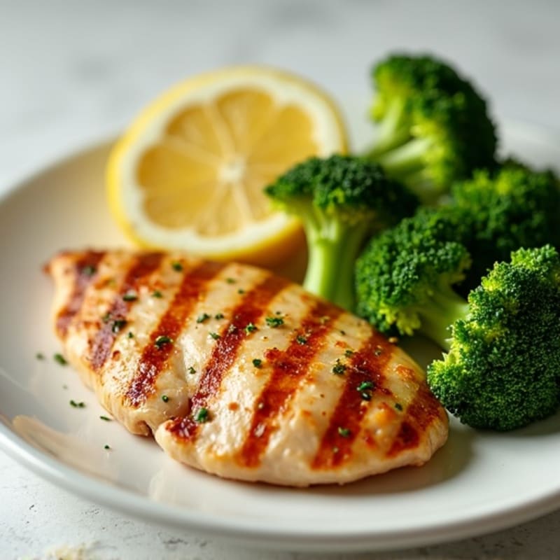 Grilled Chicken Breast with Steamed Broccoli and Lemon