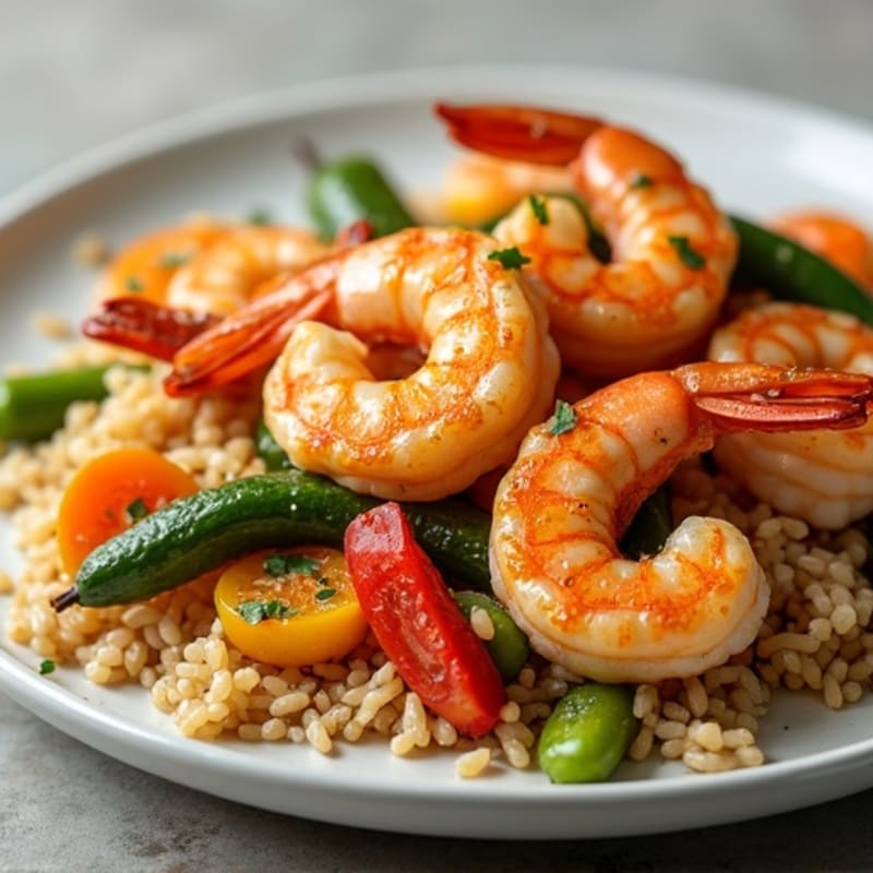 Lemon Garlic Pan-Seared Shrimp with Brown Rice and Roasted Vegetables
