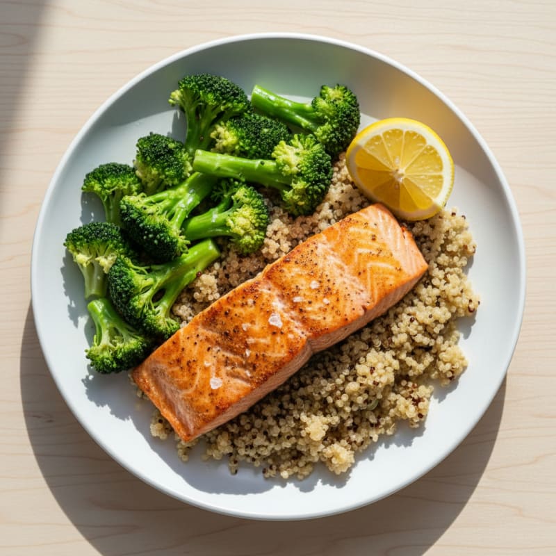 Seared Salmon with Steamed Broccoli and Quinoa