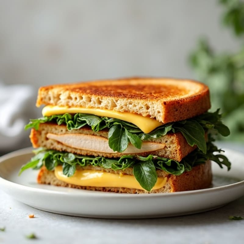 Hearty Triple-Layered Crispy Grilled Cheese with Lean Turkey and Sautéed Greens