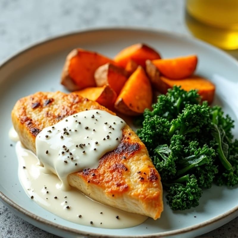 Creamy Coconut Chicken with Roasted Sweet Potatoes and Crispy Kale
