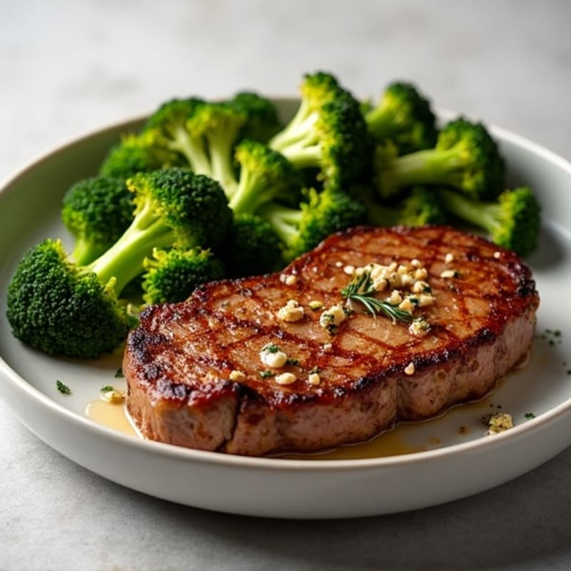 Crispy Pan-Seared Steak with Garlic Roasted Broccoli
