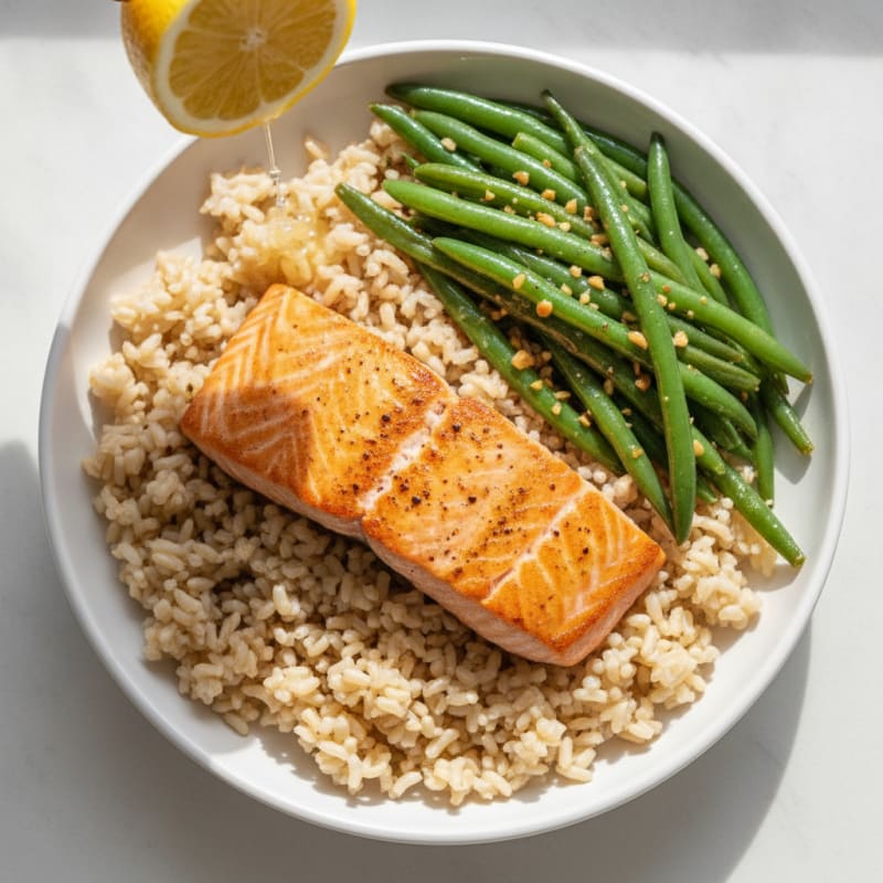 Seared Salmon with Garlic Green Beans and Brown Rice