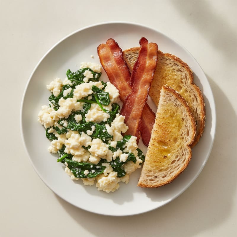 Creamy Cottage Cheese Scramble with Spinach and Turkey Bacon