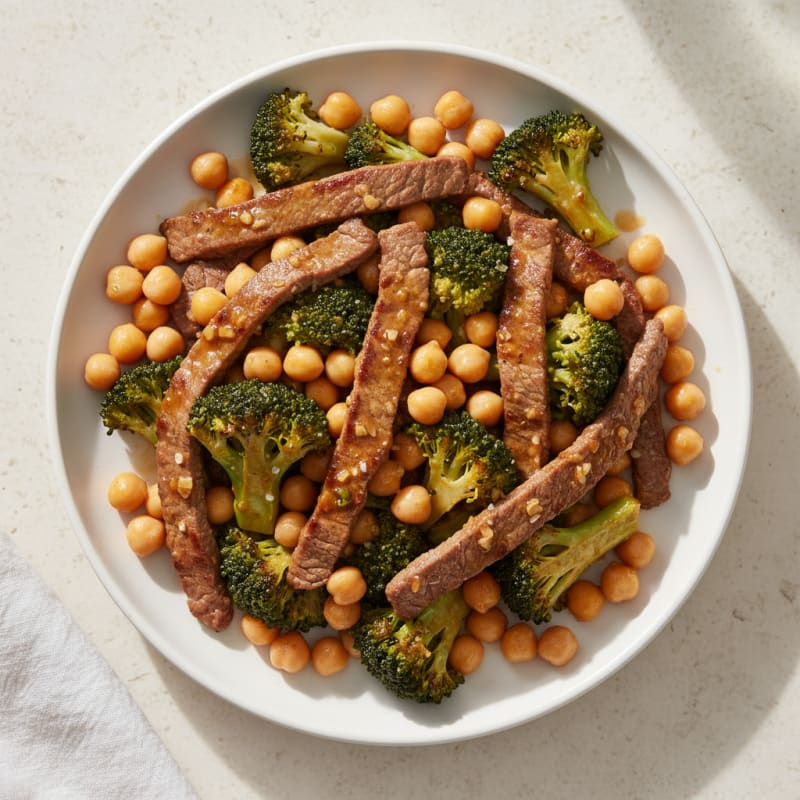 Seared Lean Beef Strips with Garlicky Broccoli and Chickpeas