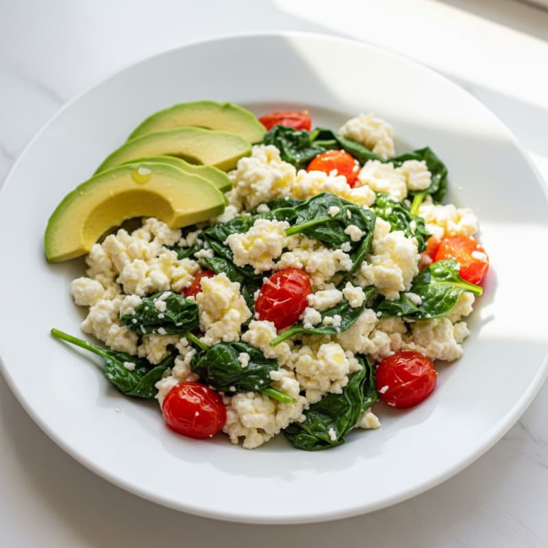 Egg White and Cottage Cheese Scramble with Spinach and Tomatoes