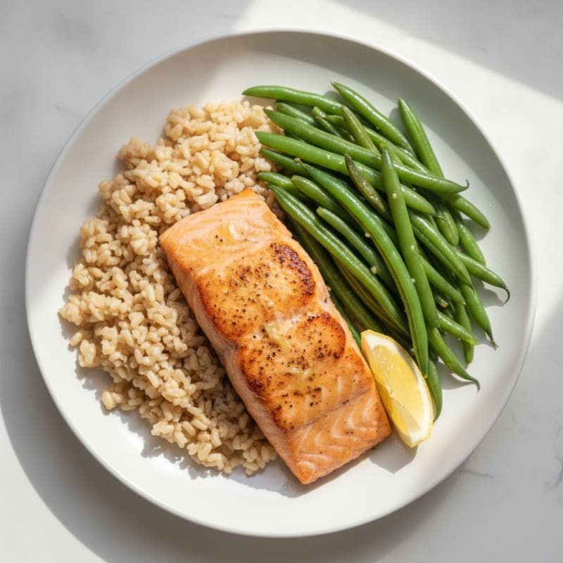 Seared Salmon with Steamed Green Beans and Brown Rice
