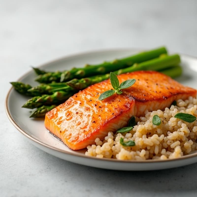 Seared Salmon with Steamed Asparagus and Brown Rice