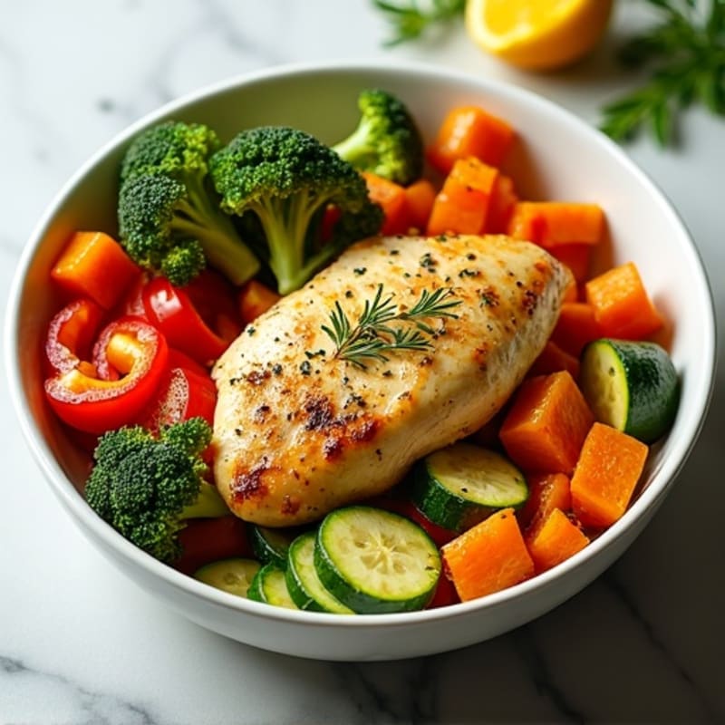 Lemon-Herb Roasted Chicken and Crispy Roasted Vegetable Bowl