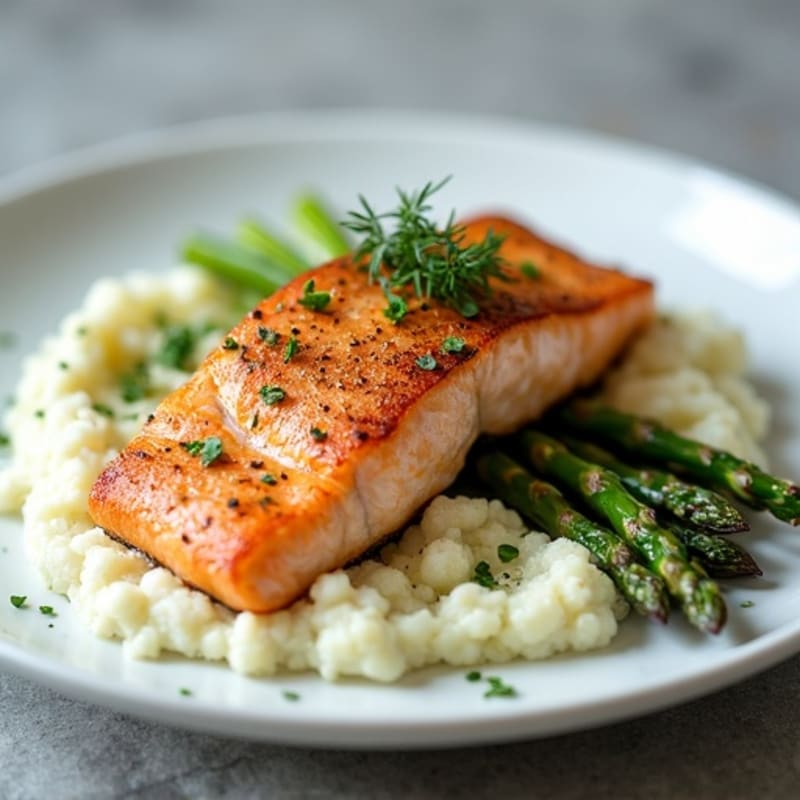 Seared Salmon with Roasted Asparagus and Cauliflower Mash