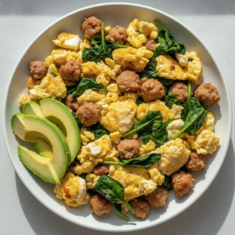 Scrambled Eggs with Turkey Sausage and Sautéed Spinach