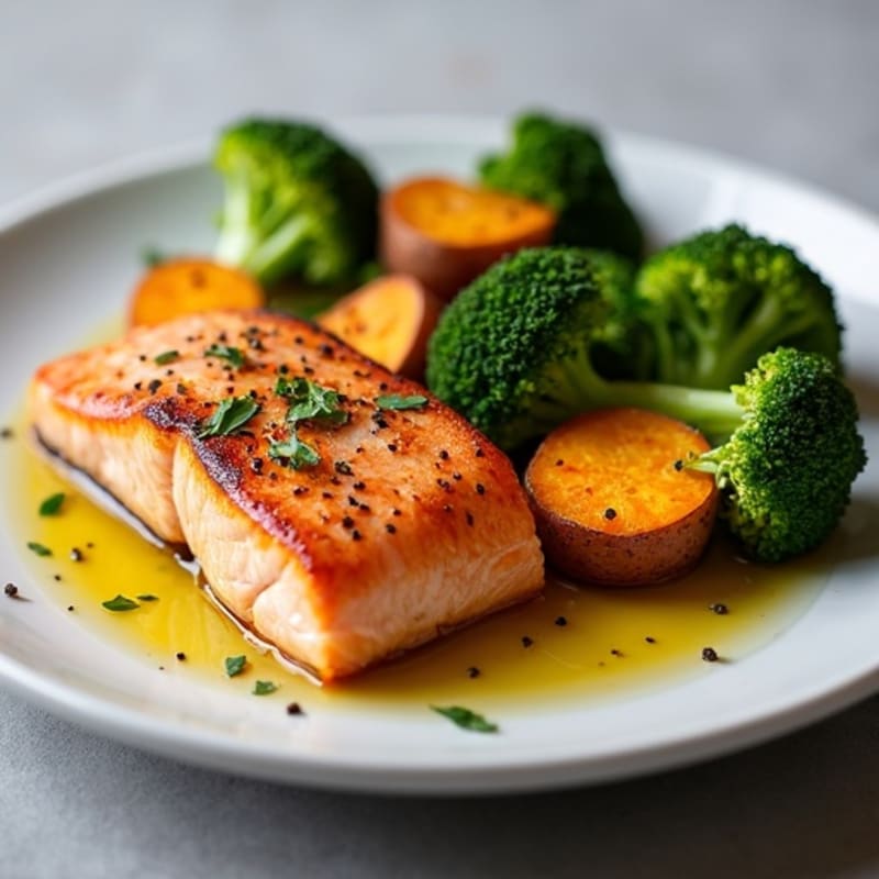 Seared Salmon Fillet with Roasted Broccoli and Sweet Potatoes