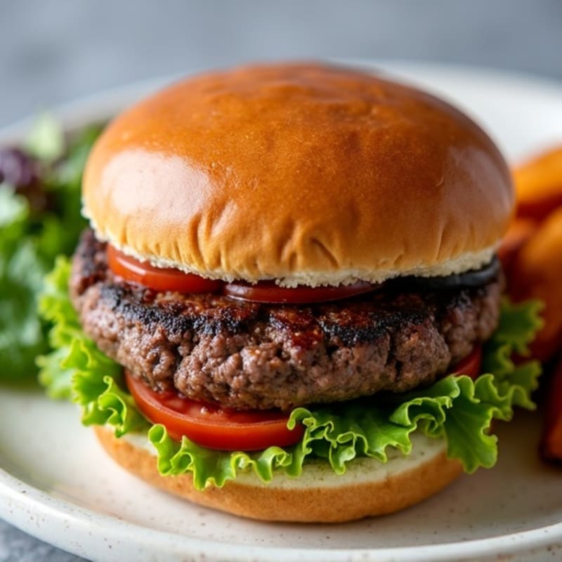 Juicy Lean Beef Burger with Fresh Greens and Roasted Sweet Potato Wedges