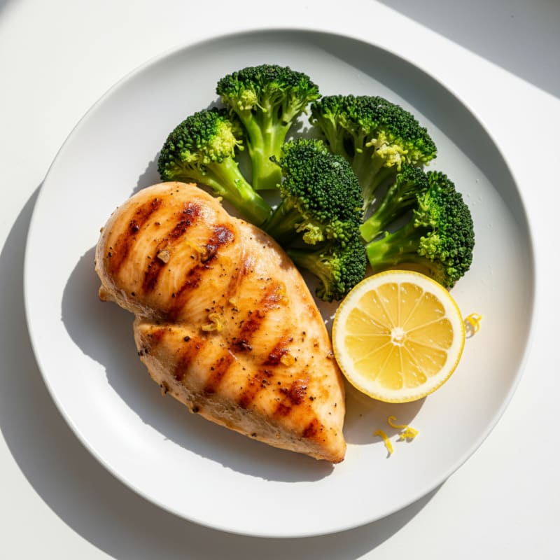 Grilled Chicken Breast with Steamed Broccoli and Lemon