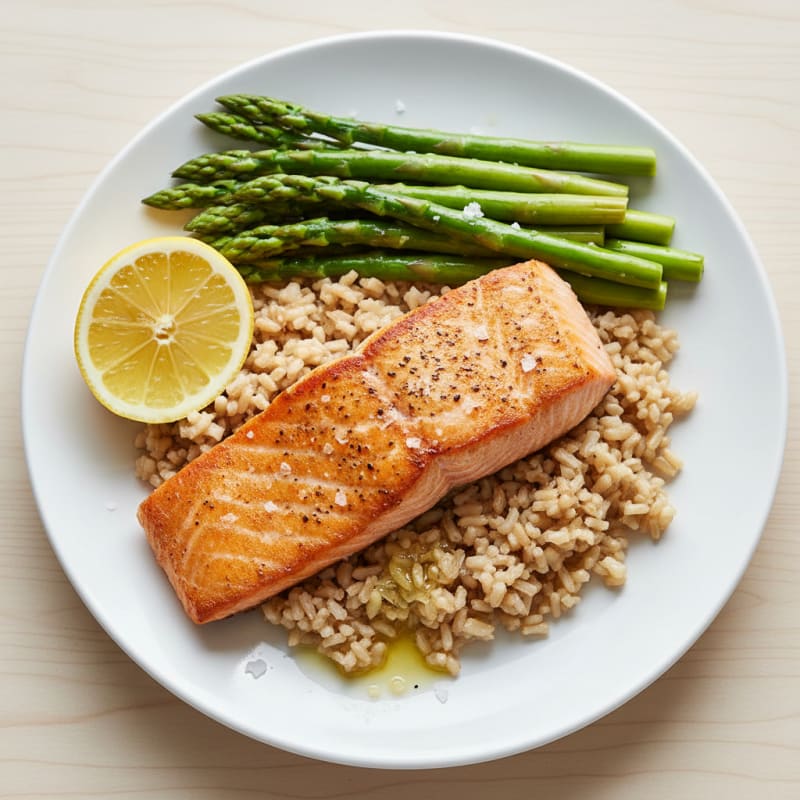 Seared Salmon Fillet with Steamed Asparagus and Brown Rice