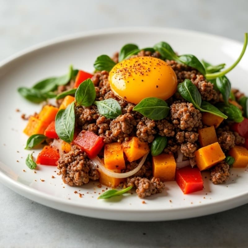 Lean Ground Beef and Roasted Sweet Potato Hash