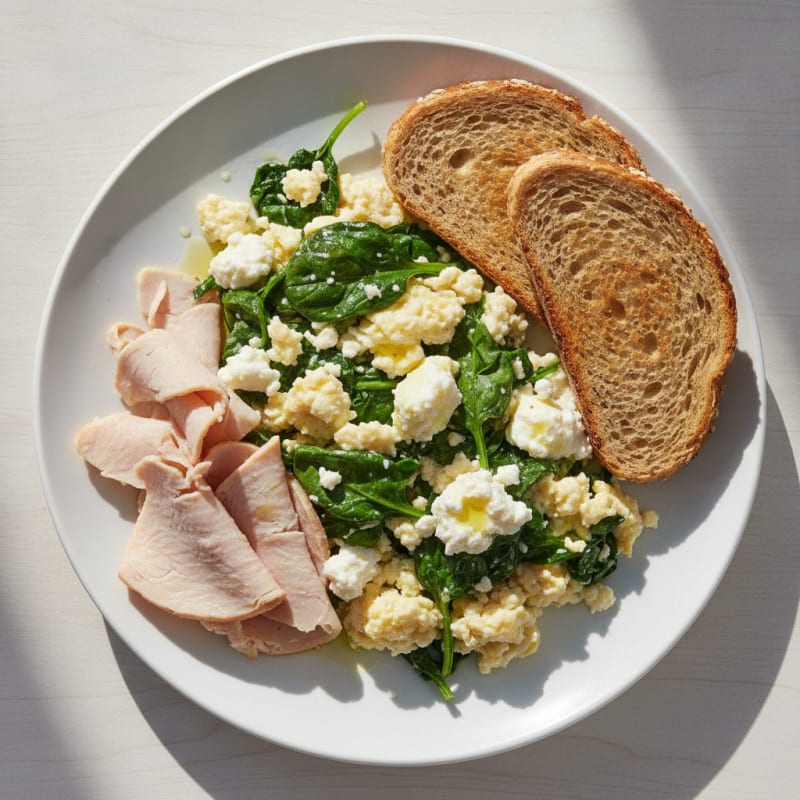 Egg White Spinach Scramble with Cottage Cheese and Sliced Turkey