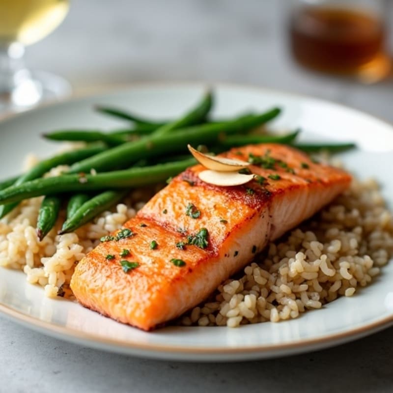 Seared Salmon Fillet with Garlic Green Beans and Brown Rice