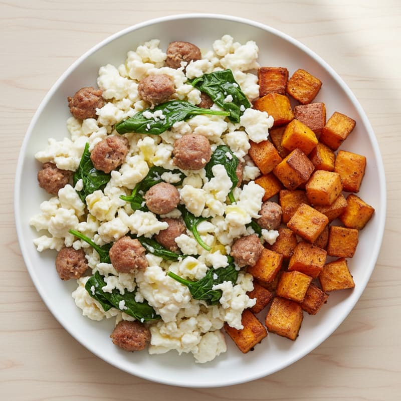 Egg White Scramble with Turkey Sausage and Sautéed Spinach