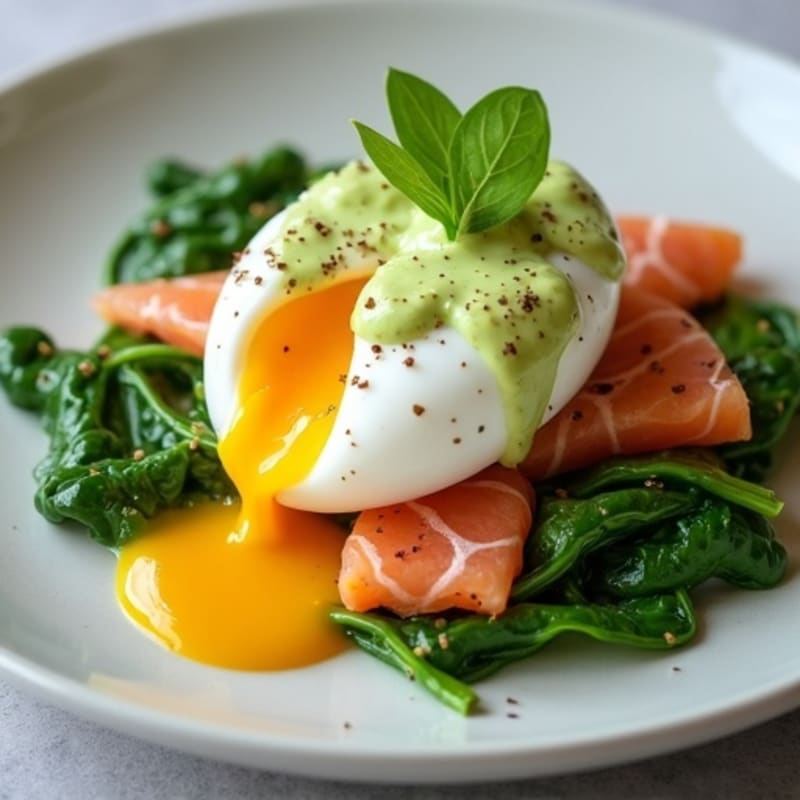 Poached Eggs with Smoked Salmon, Fresh Spinach, and Creamy Avocado Sauce