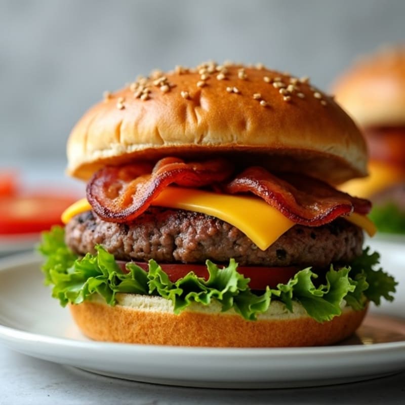 Lean Beef Burger with Crispy Turkey Bacon, Cheddar, and Fresh Greens