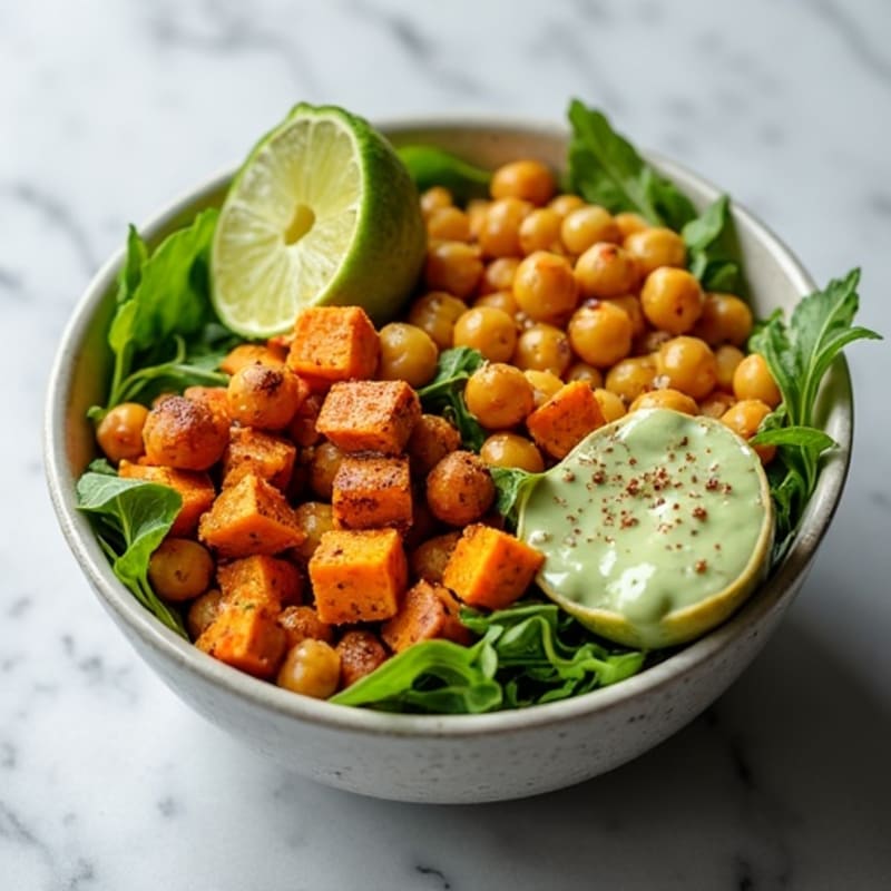 Crispy Roasted Chickpea and Sweet Potato Bowl with Creamy Avocado Dressing