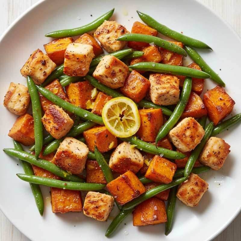 Roasted Sweet Potato and Green Bean Chicken Medley