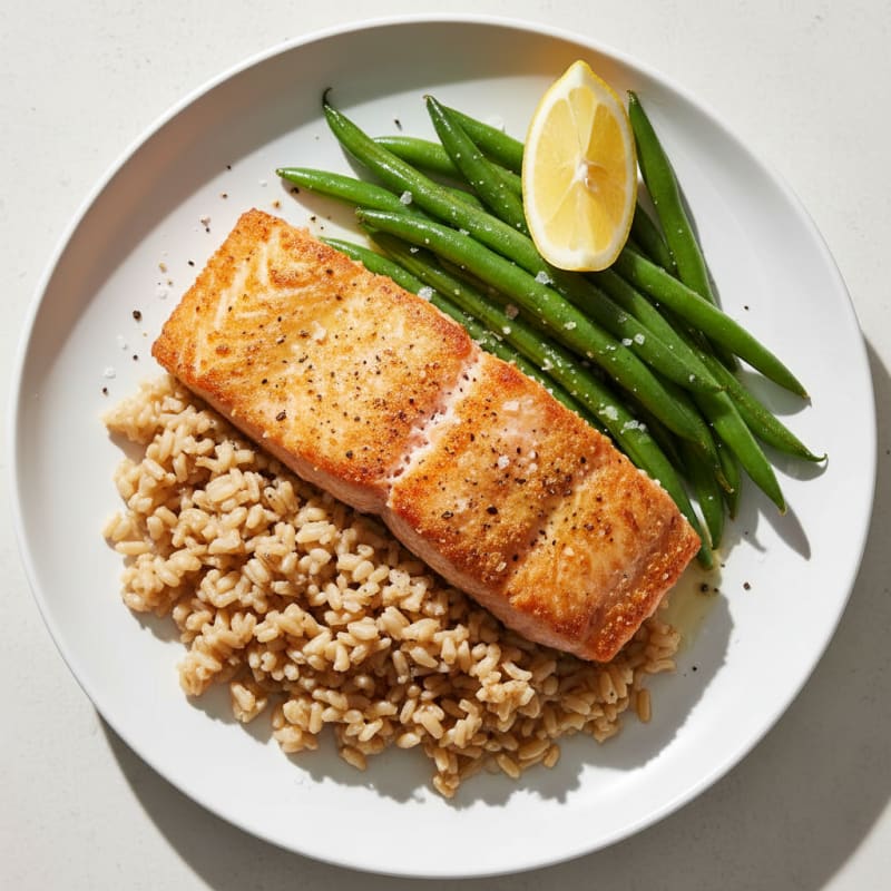 Seared Salmon with Steamed Green Beans and Brown Rice