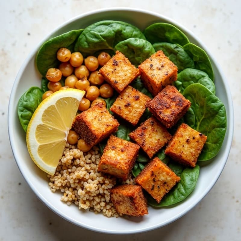 Crispy Tempeh Power Bowl with Quinoa and Roasted Chickpeas