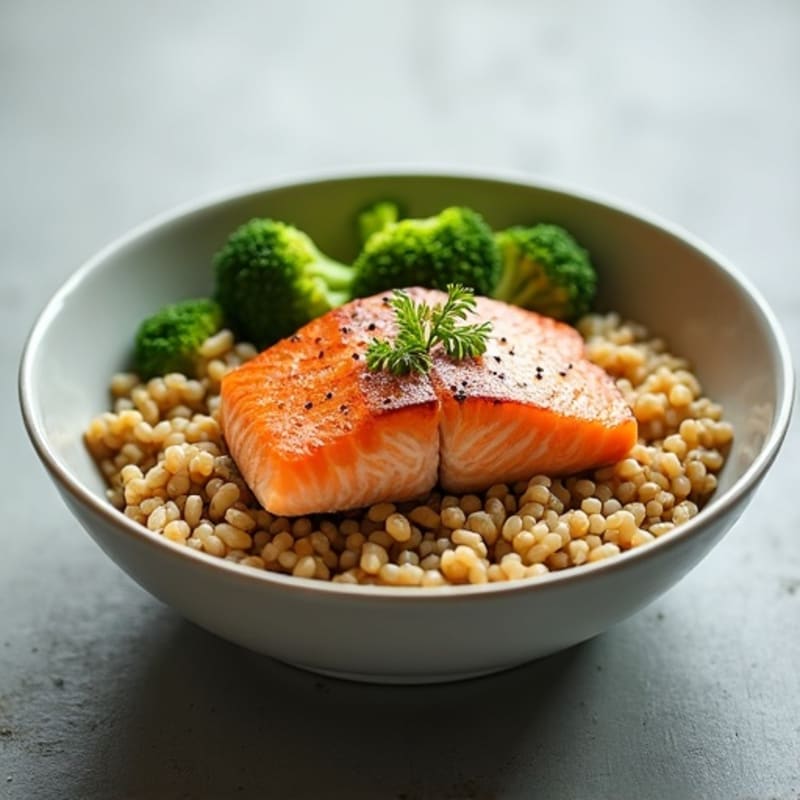 Seared Salmon Bowl with Brown Rice and Steamed Broccoli