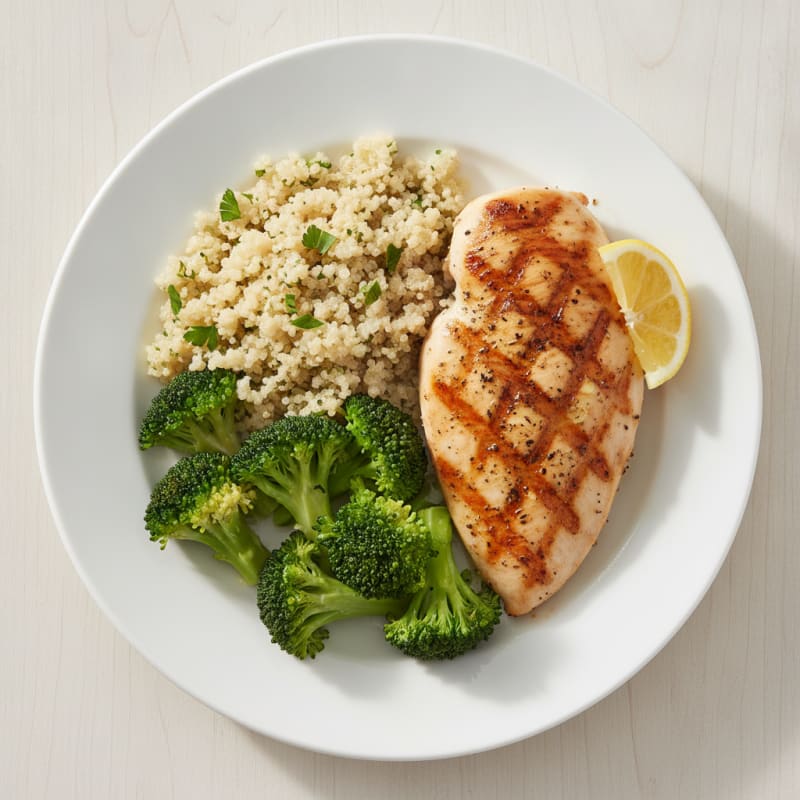 Grilled Chicken Breast with Steamed Broccoli and Quinoa