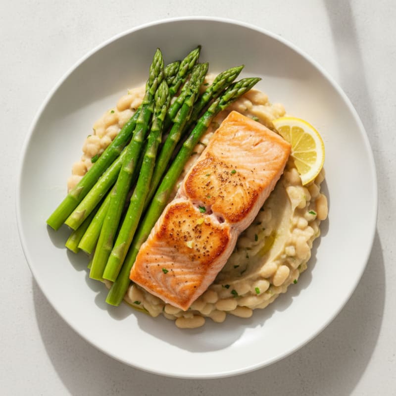 Seared Salmon with Steamed Asparagus and Mashed White Beans
