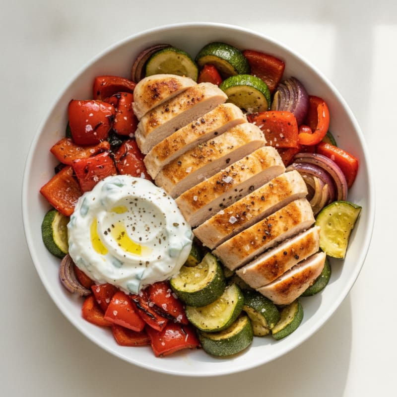 Chicken and Roasted Vegetable Bowl with Tzatziki