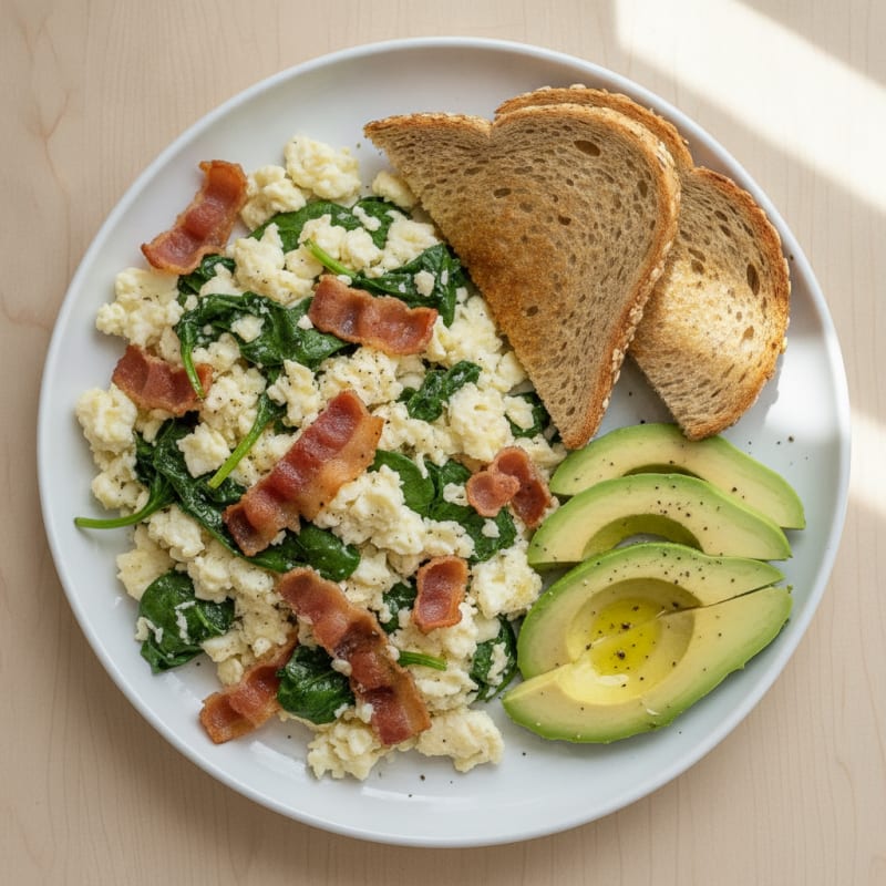 Crispy Turkey Bacon Egg White Scramble with Sautéed Spinach