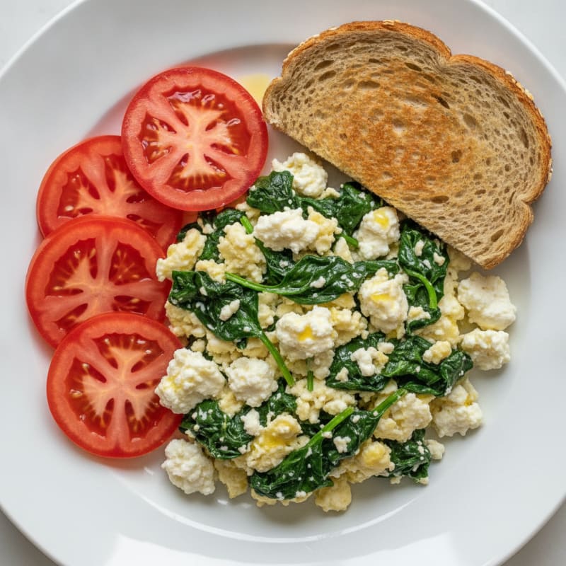 Egg White Spinach Scramble with Cottage Cheese and Sliced Tomatoes